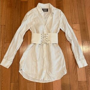 Reformation White Long Sleeve Linen Dress with Removable Corset Belt